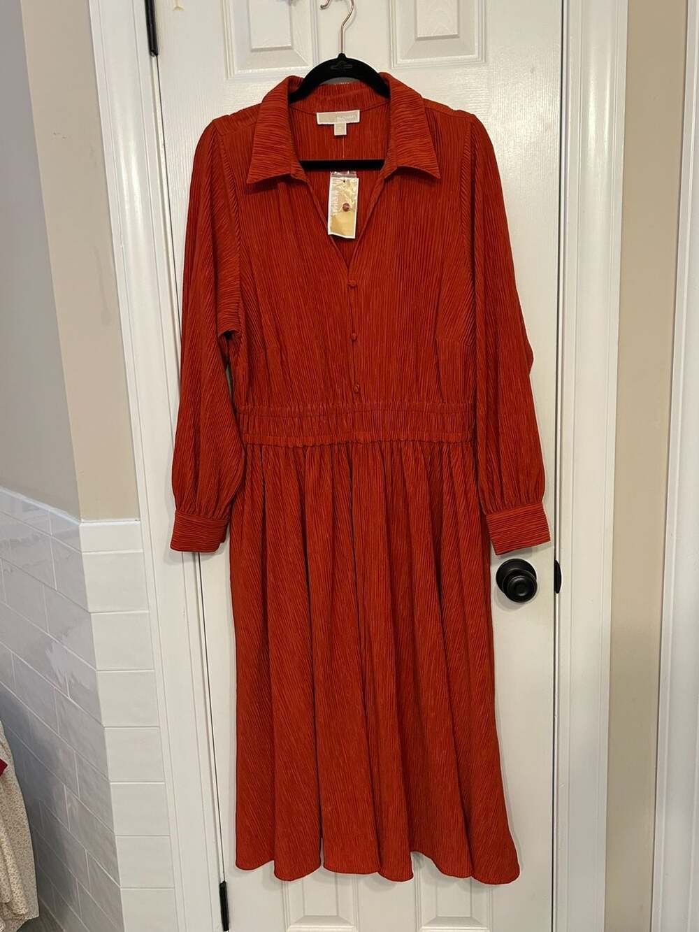 1X NWT $195 Michael Kors Fall Plus Size Textured Midi Shirt Dress Burnt Terracot